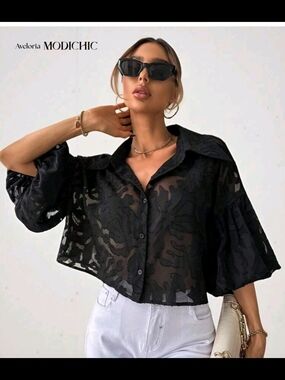 Sheer Black Cropped Button-Up Blouse